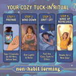 Illustration of cozy tuck-in ritual for natural sleep aid supplement showing steps: take capsules, wind down with tea, drift off, wake up refreshed