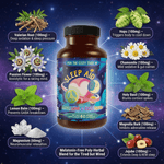 Premium Sleep Aid Formula bottle surrounded by herbs and benefits, natural sleep aid supplement, melatonin-free blend
