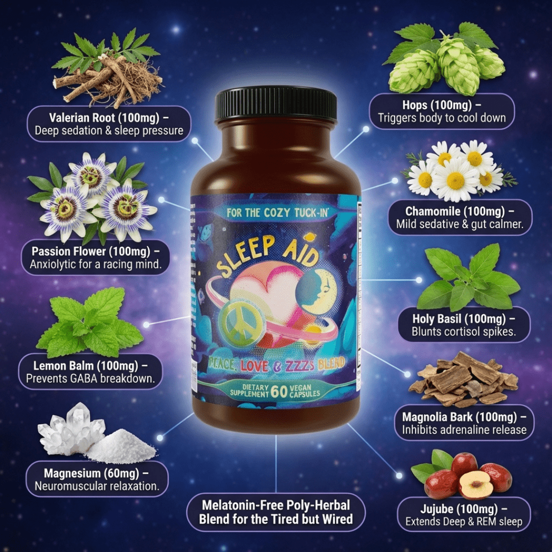 Premium Sleep Aid Formula bottle surrounded by herbs and benefits, natural sleep aid supplement, melatonin-free blend