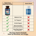 Comparison chart showing Hippie Farms Premium Sleep Aid vs generic melatonin, highlighting natural sleep aid supplement, melatonin-free and no hangover benefits