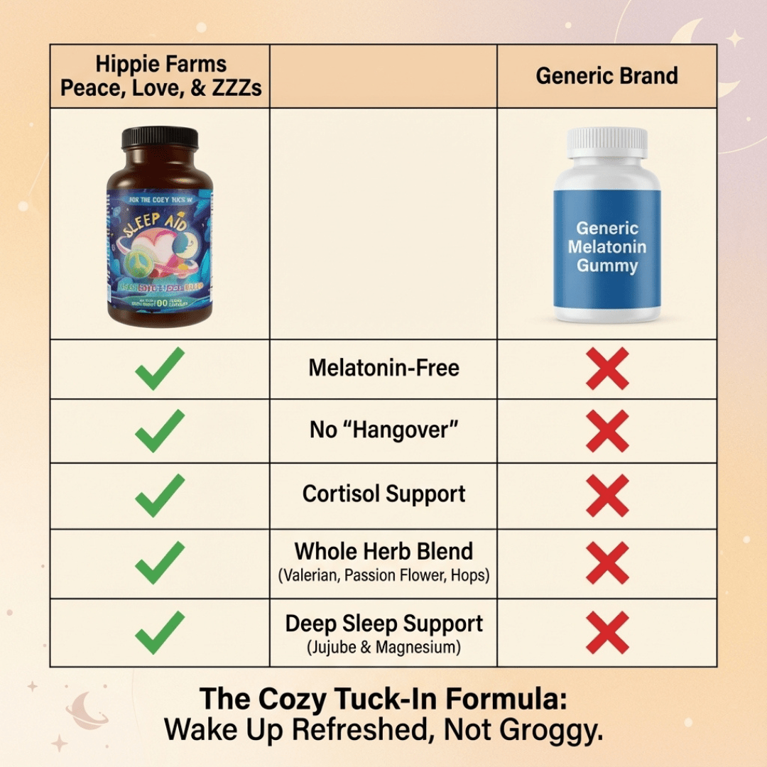 Comparison chart showing Hippie Farms Premium Sleep Aid vs generic melatonin, highlighting natural sleep aid supplement, melatonin-free and no hangover benefits