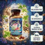 Jar of Premium Sleep Aid Formula - Peace, Love, and ZZZ's Blend bottle surrounded by herbs and icons highlighting melatonin-free, no grogginess, supports deep rest; natural sleep aid supplement