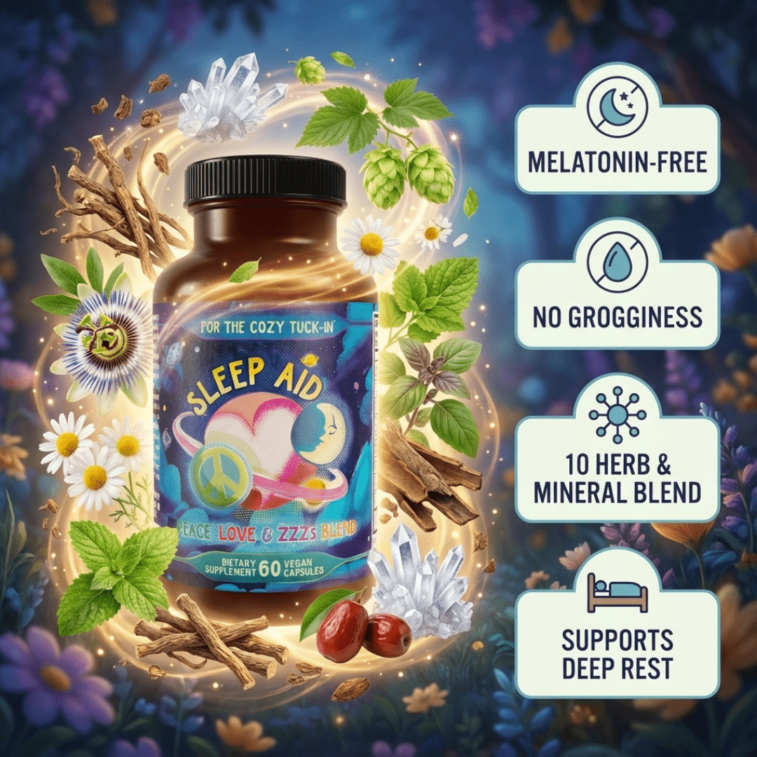 Jar of Premium Sleep Aid Formula - Peace, Love, and ZZZ's Blend bottle surrounded by herbs and icons highlighting melatonin-free, no grogginess, supports deep rest; natural sleep aid supplement