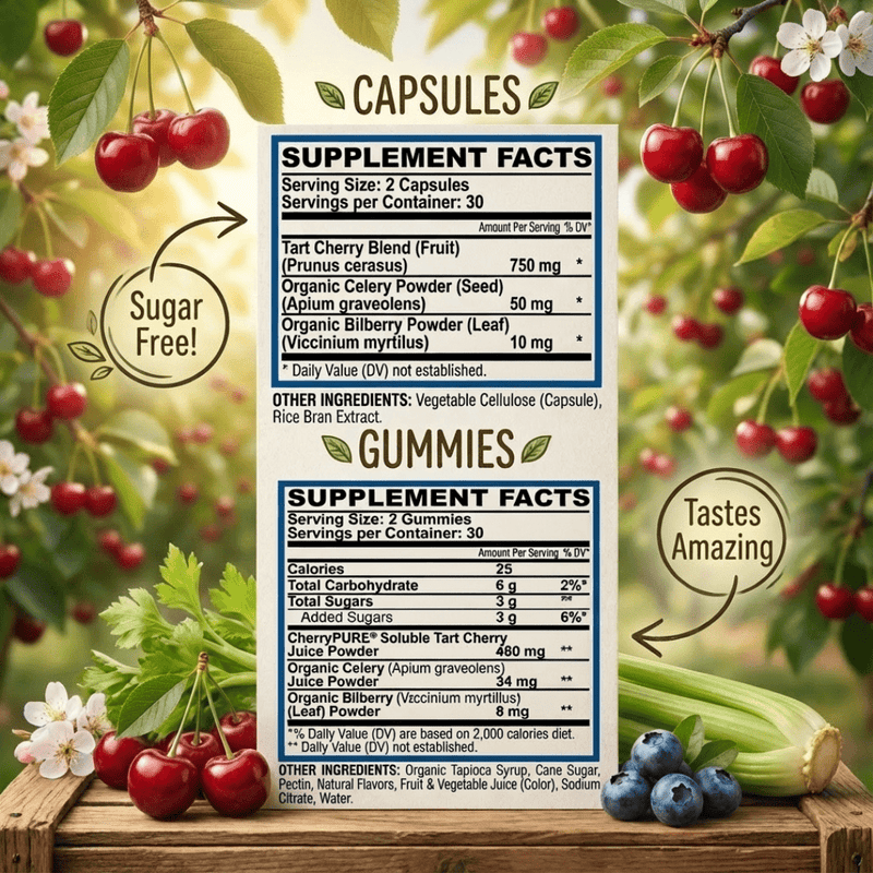 Premium tart cherry supplement supplement facts for capsules and gummies with ingredients like tart cherry and bilberry.
