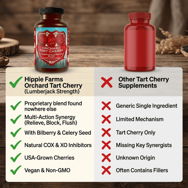 tart cherry supplement bottle with label and comparison chart highlighting bilberry celery seed joint and uric acid support