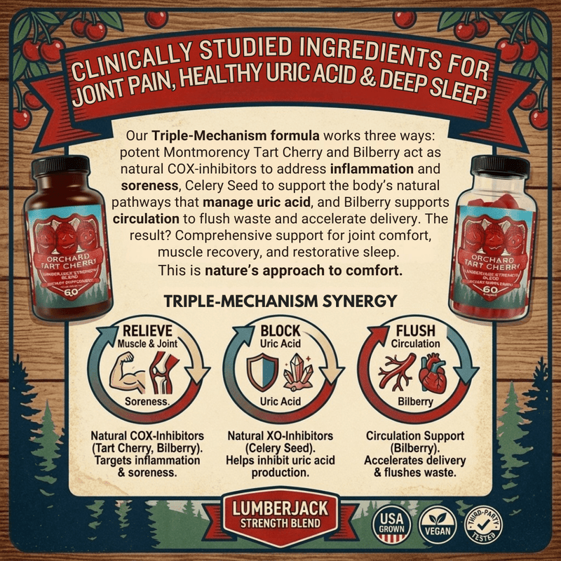 Premium Tart Cherry supplement for joint pain, healthy uric acid, and improved sleep with natural ingredients.