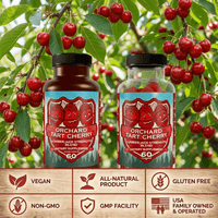 Premium tart cherry supplement bottles with Orchard Tart Cherry label, joint comfort, uric acid support, vegan & gluten-free