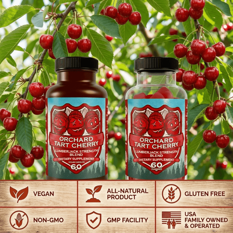 Premium tart cherry supplement bottles with Orchard Tart Cherry label, joint comfort, uric acid support, vegan & gluten-free