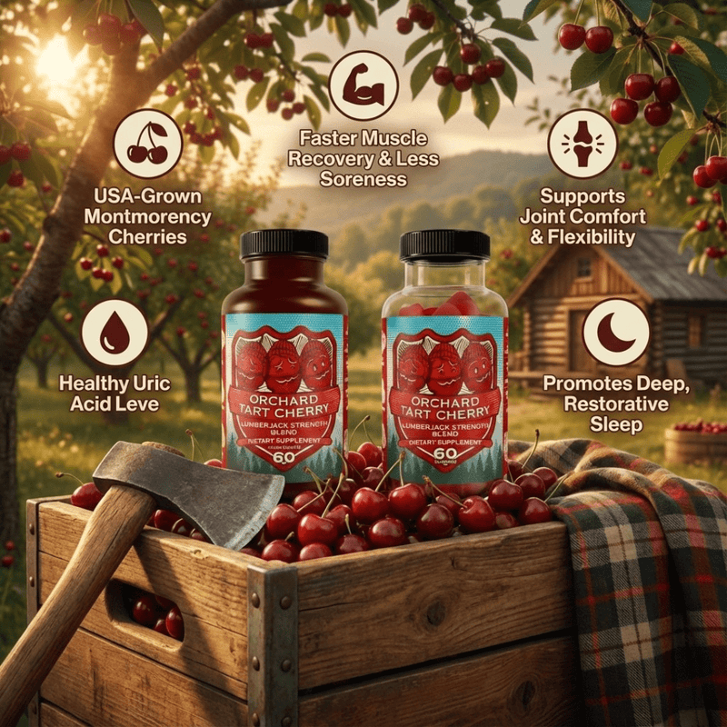 Premium tart cherry supplement bottles promoting muscle recovery, uric acid support, and restorative sleep.