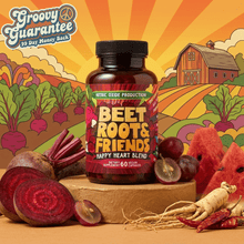 Beetroot supplement bottle 'Beet Root & Friends' with beets, watermelon, ginseng and cayenne promoting heart and circulation support