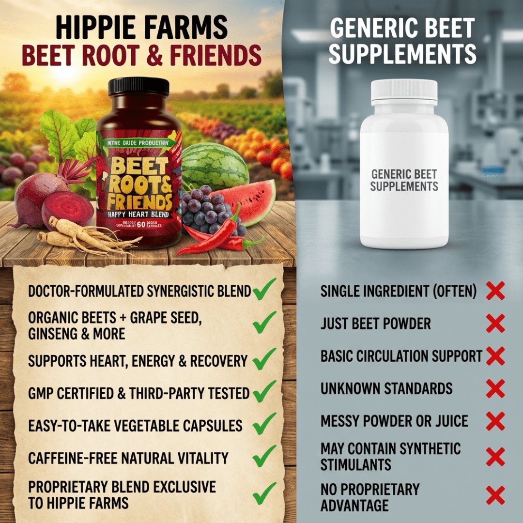 Hippie Farms Premium Total Heart & Circulation Blend bottle with fruits and benefits — beetroot supplement for circulation and heart wellness