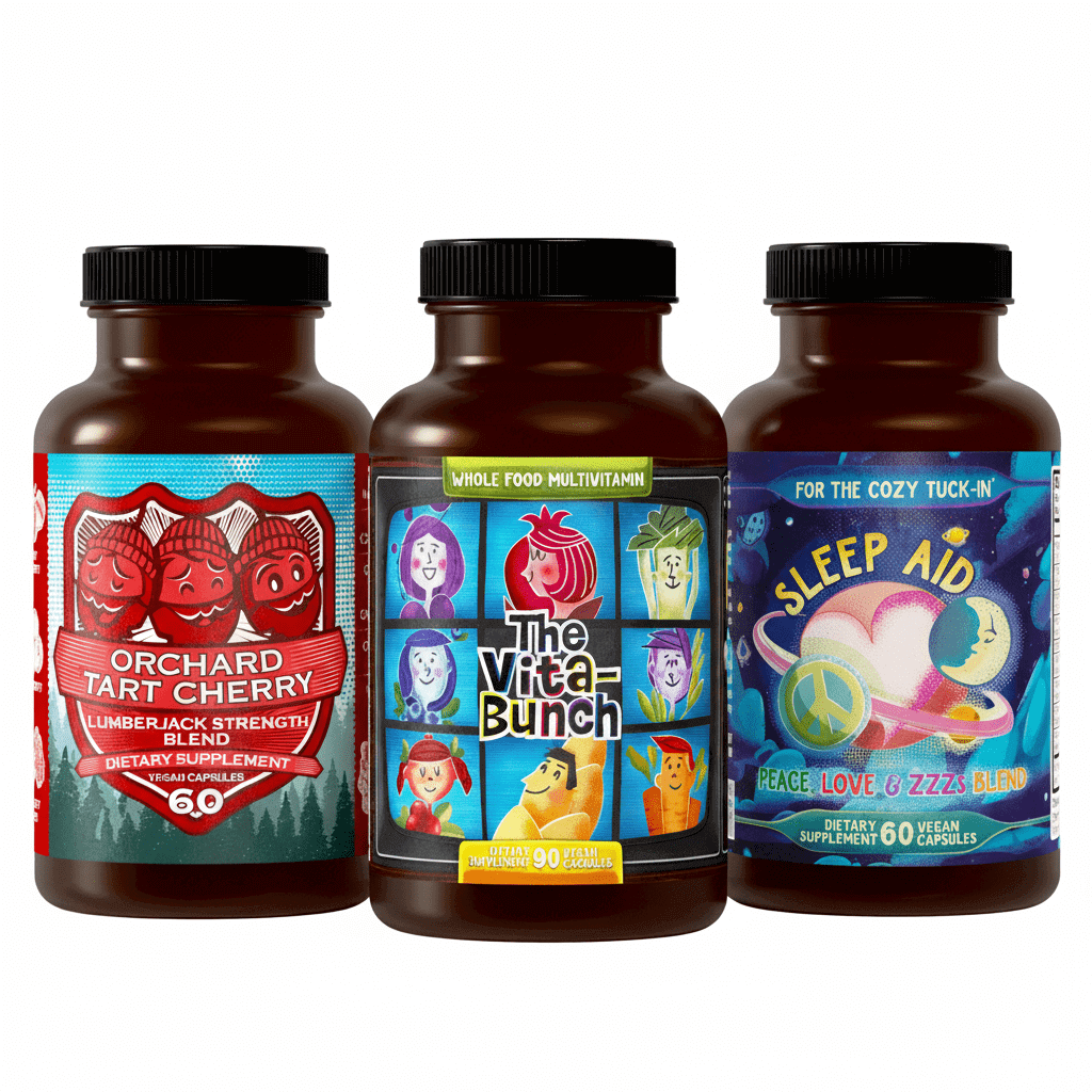 Total Sleep Stack bottles trio featuring Orchard Tart Cherry, The Vita-Bunch multivitamin, and Sleep Aid supplement for natural sleep and recovery