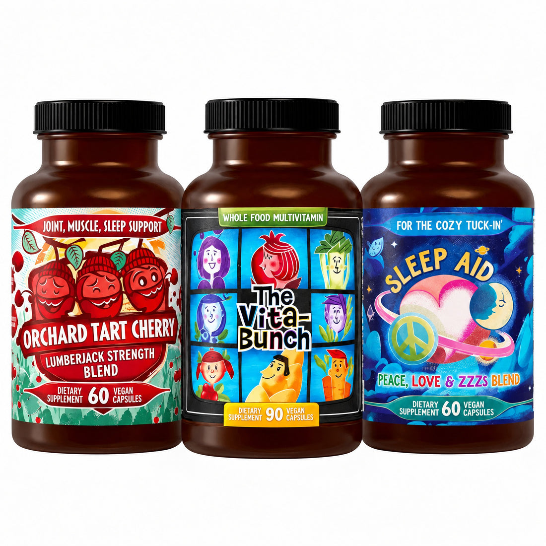 Sleep Like a Lumberjack Bundle: the bundle's Hippie Farms supplement bottles side by side