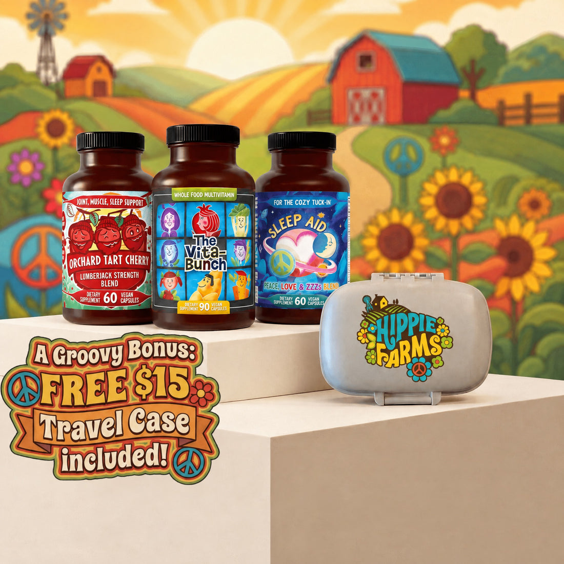 Sleep Like a Lumberjack Bundle: Hippie Farms supplement bottles with the free travel pill case