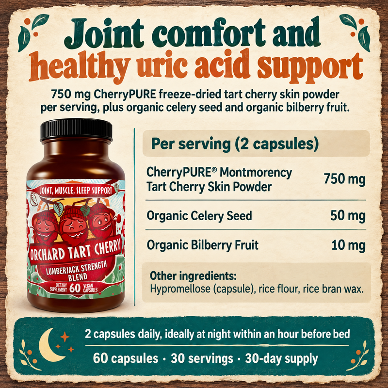 Orchard Tart Cherry capsules: complete ingredients, amounts per serving and nightly routine