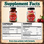 Orchard Tart Cherry Supplement Facts: capsules and gummies, line for line, with CherryPURE tart cherry, organic celery and organic bilberry