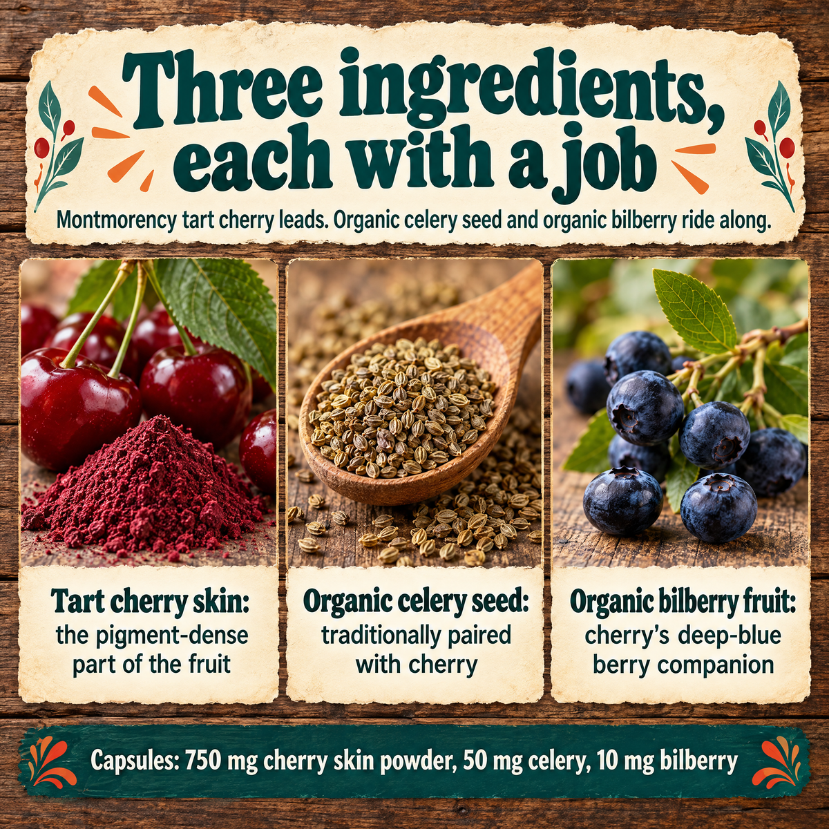Orchard Tart Cherry ingredients: tart cherry skin, organic celery seed and organic bilberry fruit
