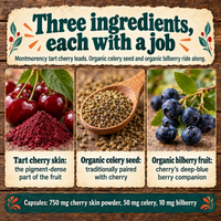 Orchard Tart Cherry ingredients: tart cherry skin, organic celery seed and organic bilberry fruit