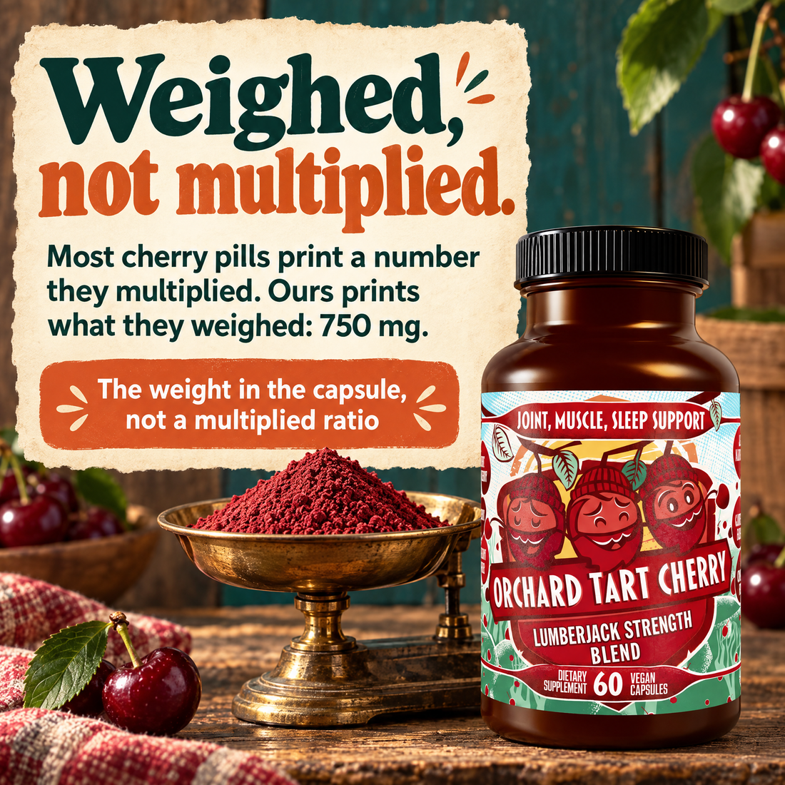 Orchard Tart Cherry: weighed, not multiplied, 750 mg of tart cherry skin powder per serving