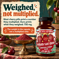 Orchard Tart Cherry: weighed, not multiplied, 750 mg of tart cherry skin powder per serving