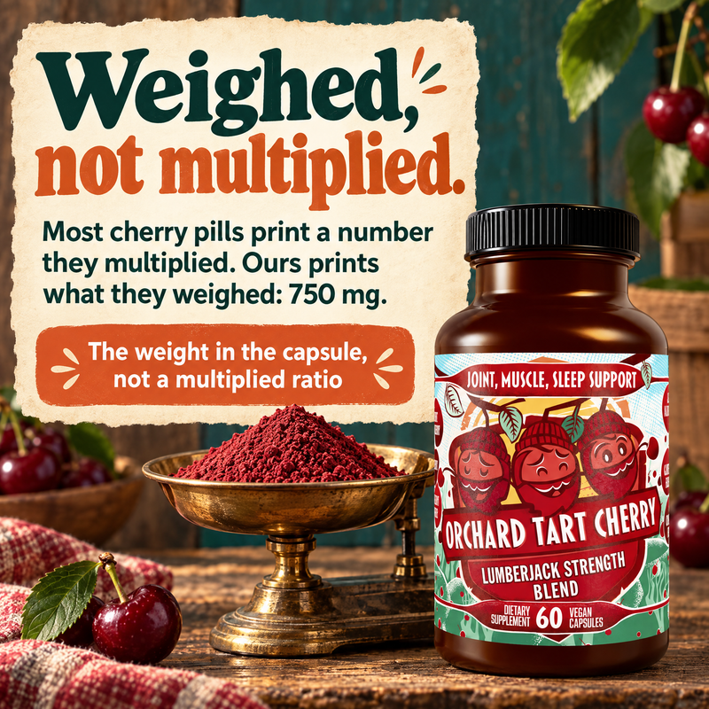 Orchard Tart Cherry: weighed, not multiplied, 750 mg of tart cherry skin powder per serving