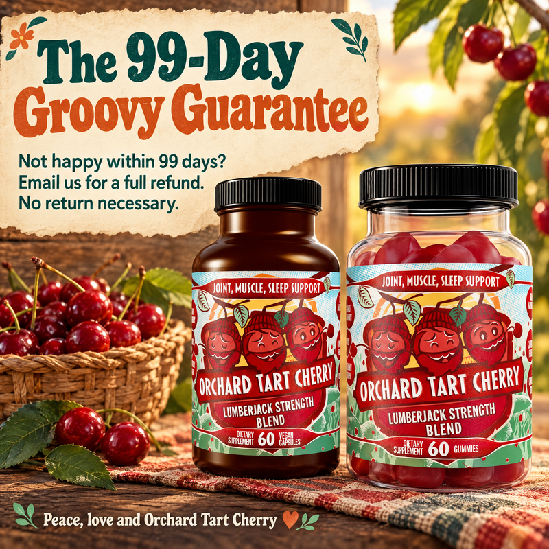 Orchard Tart Cherry capsules and gummies with the 99-Day Groovy Guarantee