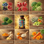 The Vita-Bunch Whole Food Multi-Vitamin for All Adults bottle surrounded by superfood ingredients showcasing whole food nutrition and superior absorption