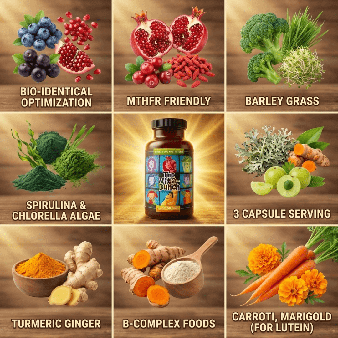 The Vita-Bunch Whole Food Multi-Vitamin for All Adults bottle surrounded by superfood ingredients showcasing whole food nutrition and superior absorption