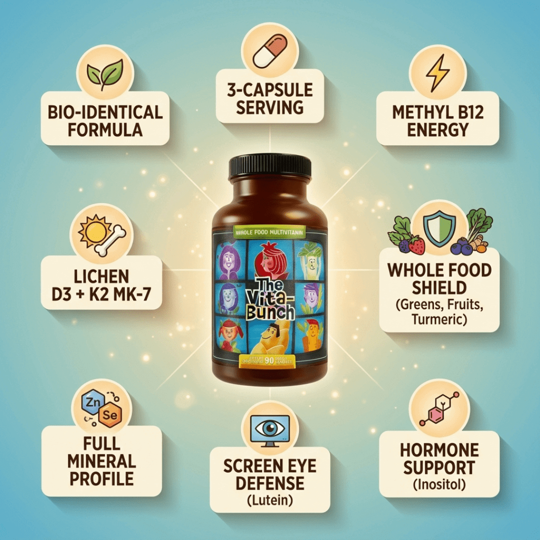 The Vita-Bunch Whole Food Multi-Vitamin for All Adults bottle with benefits icons showing whole food, methyl B12, D3+K2, mineral profile, lutein and hormone support