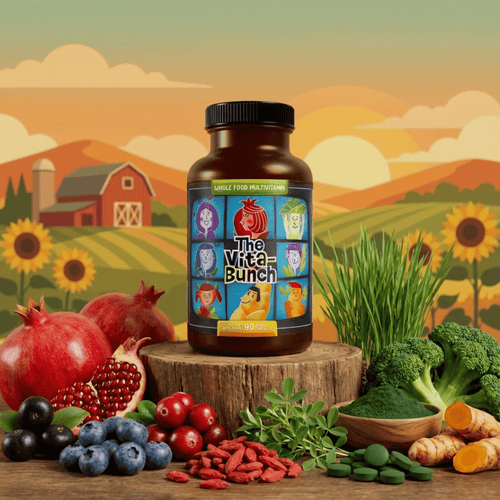 The Vita-Bunch Whole Food Multi-Vitamin for All Adults bottle on wooden stump with fruits, greens and superfoods for daily nutrition