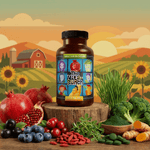 The Vita-Bunch Whole Food Multi-Vitamin for All Adults bottle on wooden stump with fruits, greens and superfoods for daily nutrition