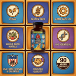 The Vita-Bunch Whole Food Multi-Vitamin for All Adults bottle with icons for vegan, gluten free, whole food matrix, bio-identical, and 90 vegan capsules