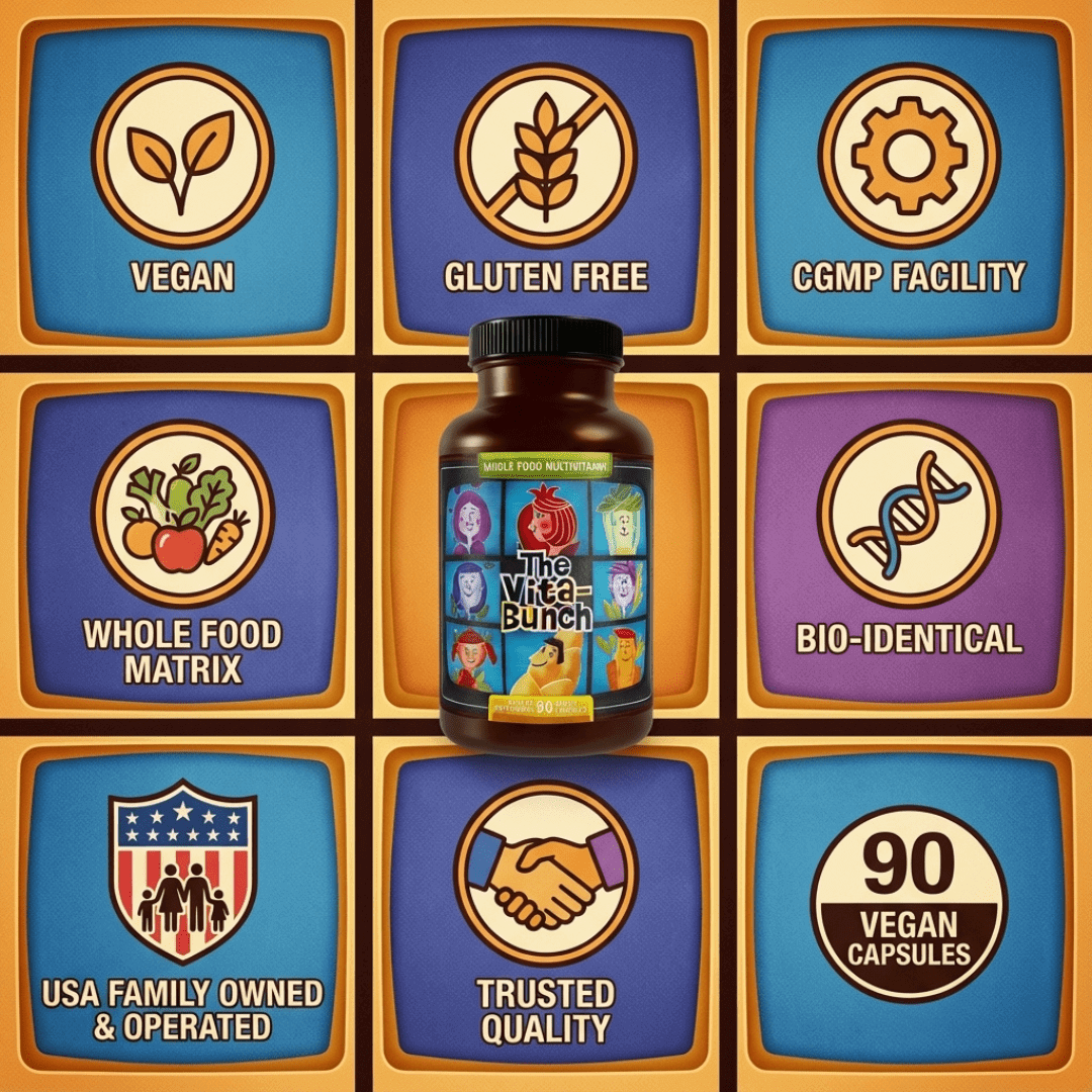 The Vita-Bunch Whole Food Multi-Vitamin for All Adults bottle with icons for vegan, gluten free, whole food matrix, bio-identical, and 90 vegan capsules