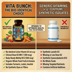 The Vita-Bunch Whole Food Multi-Vitamin for All Adults bottle with fruits and checklist highlighting whole food nutrients vs generic synthetic vitamins
