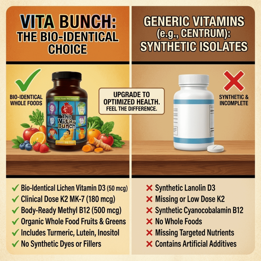 The Vita-Bunch Whole Food Multi-Vitamin for All Adults bottle with fruits and checklist highlighting whole food nutrients vs generic synthetic vitamins