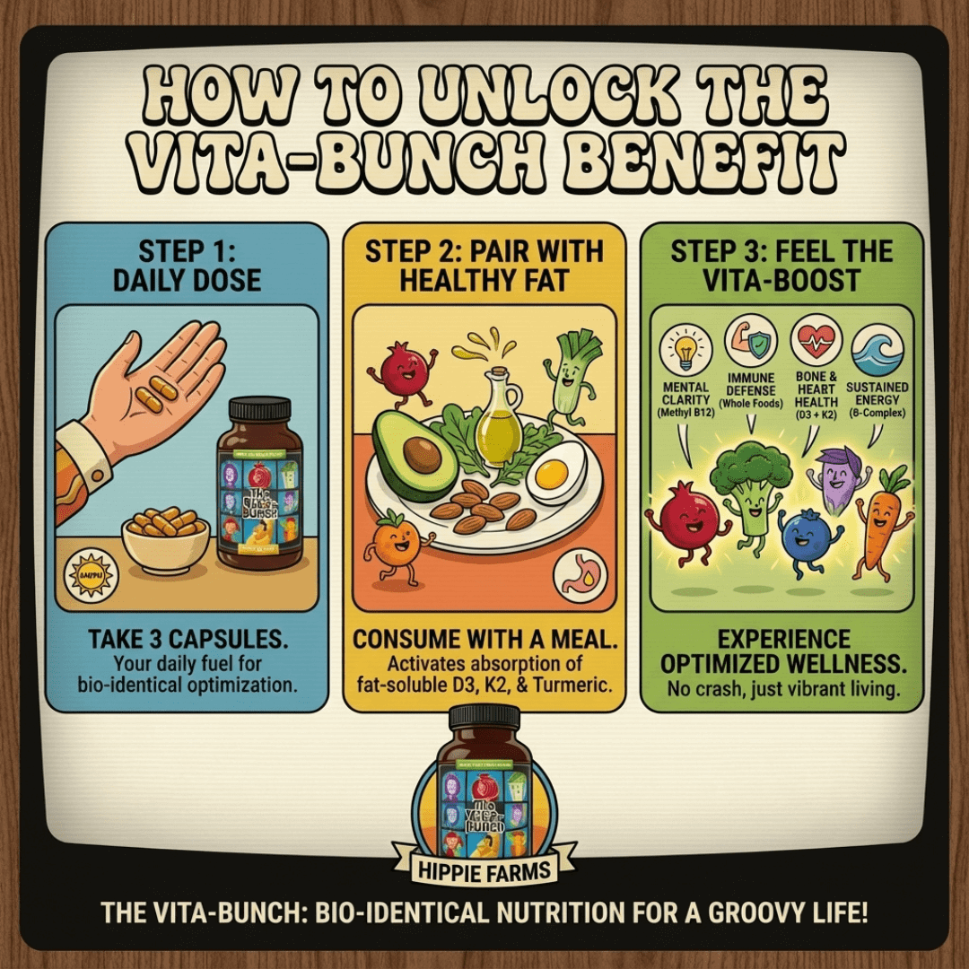 The Vita-Bunch Whole Food Multi-Vitamin for All Adults bottle and infographic showing daily dose, pairing with healthy fat, and wellness benefits