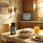 The Vita-Bunch Whole Food Multi-Vitamin for All Adults jar on kitchen table with cereal, orange juice and retro TV promoting whole food nutrition