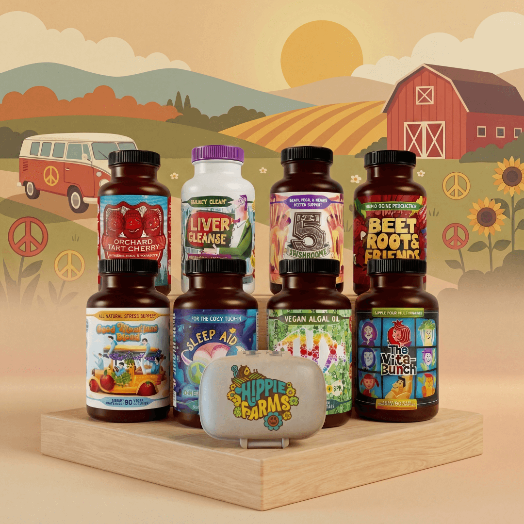 The Whole Farm Bundle display of eight Hippie Farms supplement bottles and branded case on wooden platform with farm backdrop