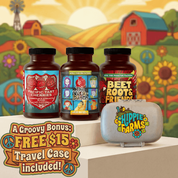 Total Active Aging Stack supplement bundle with Pacific Tart Cherries, The Vita-Bunch, Beet Root & Friends and Hippie Farms travel case