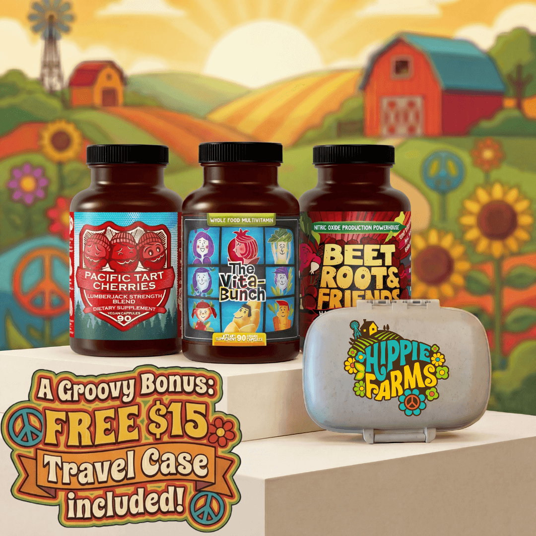 Total Active Aging Stack supplement bundle with Pacific Tart Cherries, The Vita-Bunch, Beet Root & Friends and Hippie Farms travel case
