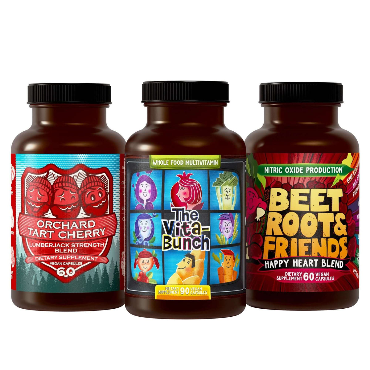 Total Active Aging Stack product trio on white background showing Orchard Tart Cherry, The Vita-Bunch, and Beet Roots & Friends bottles