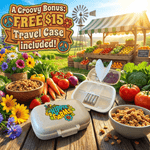 Hippie Farms travel pill case with capsules, fresh produce, granola, and a farmers market