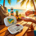 Total Body Wellness Bundle supplement travel kit with capsules at a sunny beach picnic, organic fruit and water bottle in background