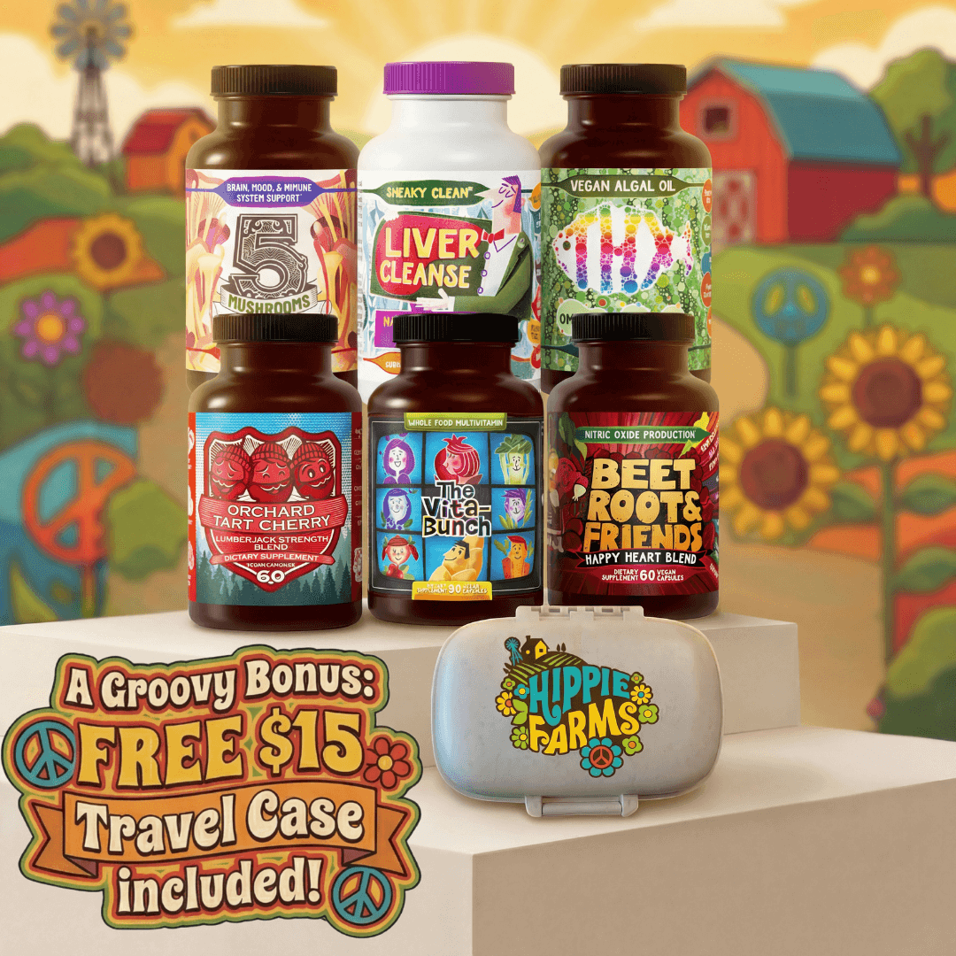 Total Body Wellness Bundle featuring six premium organic supplements in colorful bottles with a bonus travel case