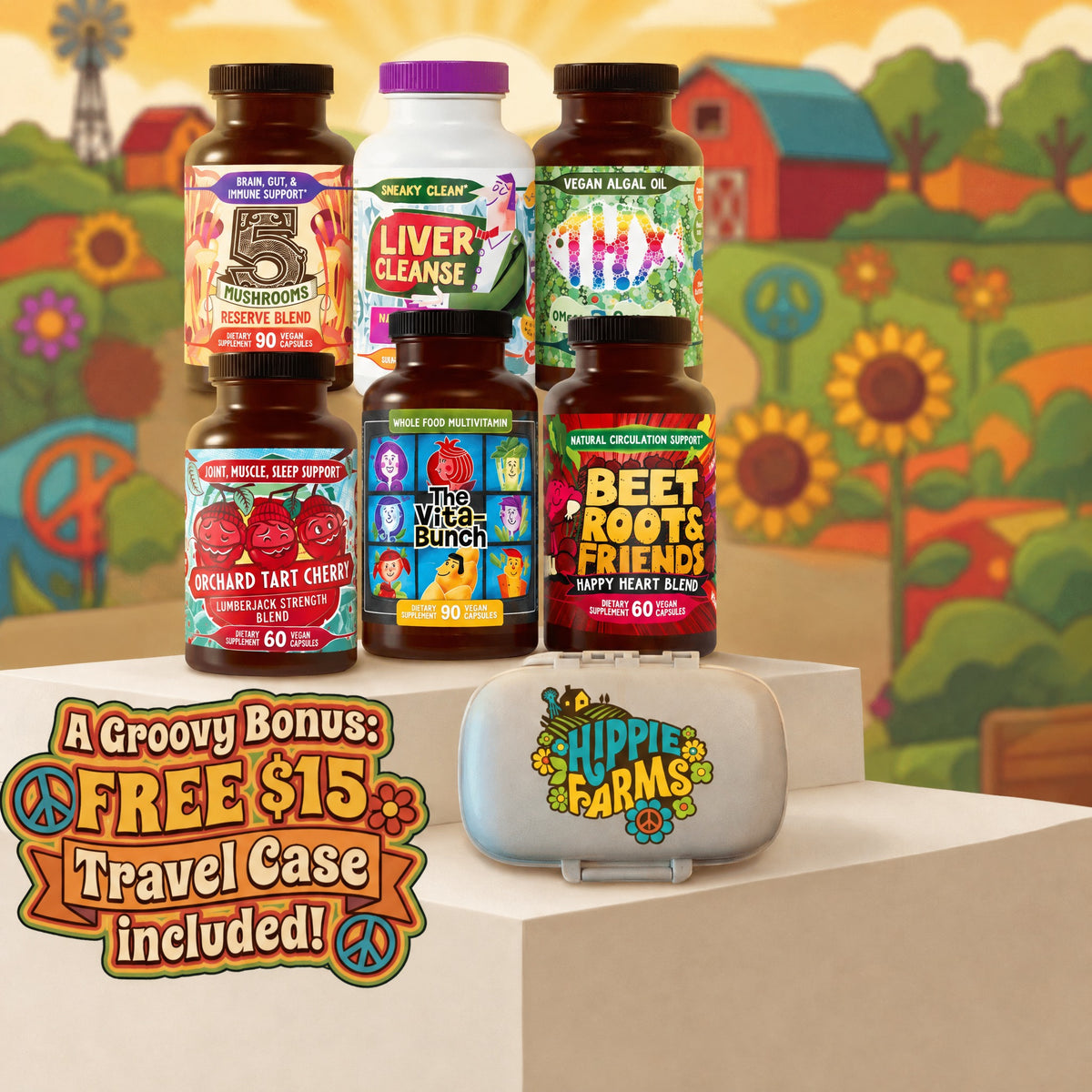 Total Body Wellness Bundle: Hippie Farms supplement bottles with the free travel pill case