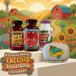 Total Joint & Clean Energy Stack bottles and Hippie Farms travel case on a colorful farm backdrop