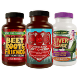 Beet Roots & Friends, Orchard Tart Cherry, and Liver Cleanse bottles on a white background