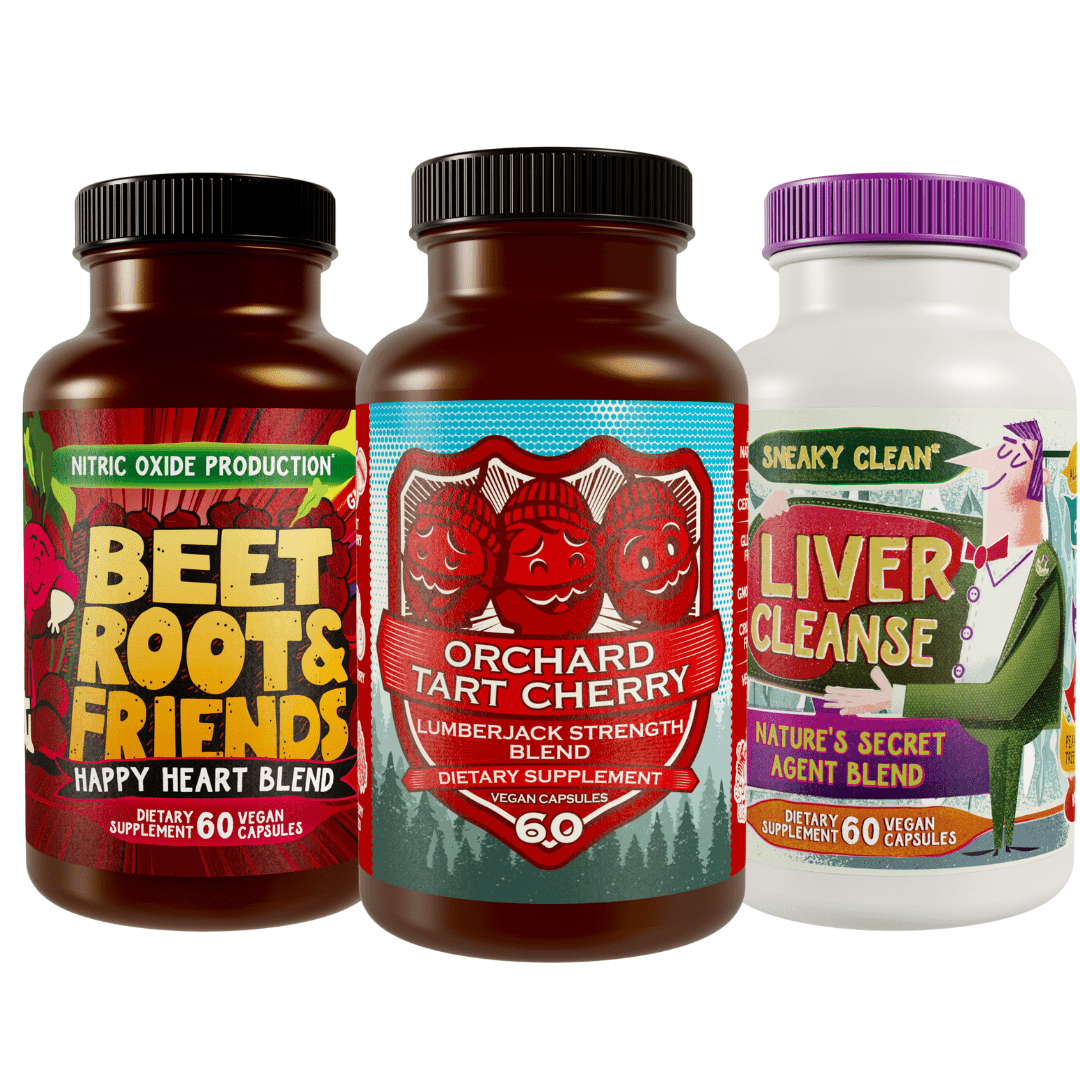 Beet Roots & Friends, Orchard Tart Cherry, and Liver Cleanse bottles on a white background
