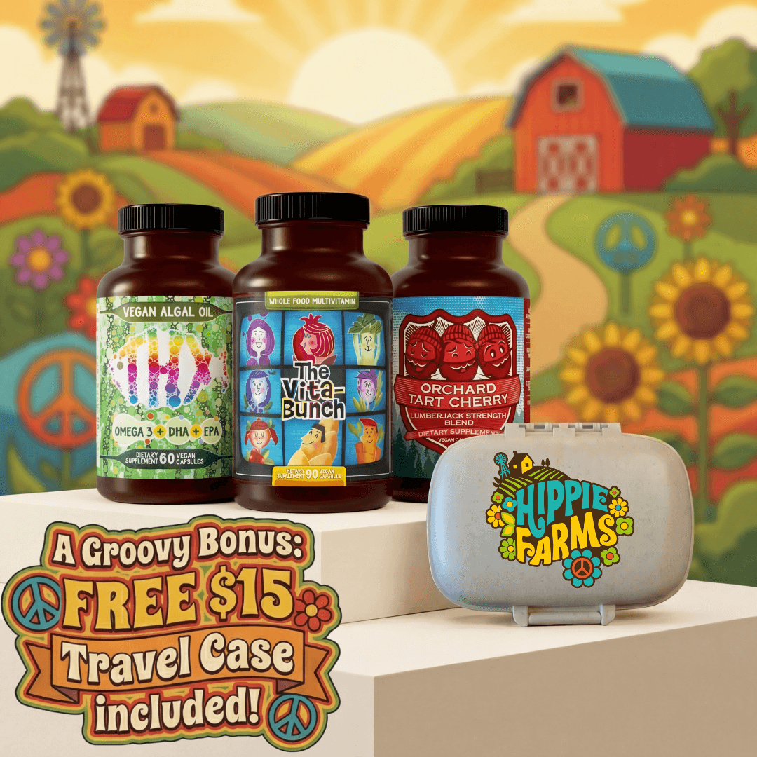 Total Mobility Stack Lumberjack Bundle bottles and Hippie Farms travel case displayed on sunny farm background