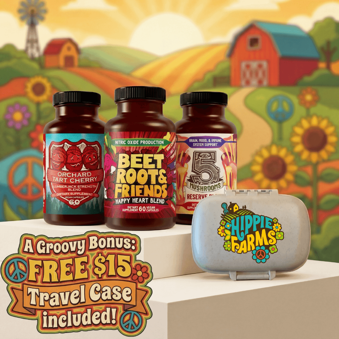 Total Revive Your Youth Stack bottles trio with Hippie Farms travel case and groovy farm backdrop promotional image
